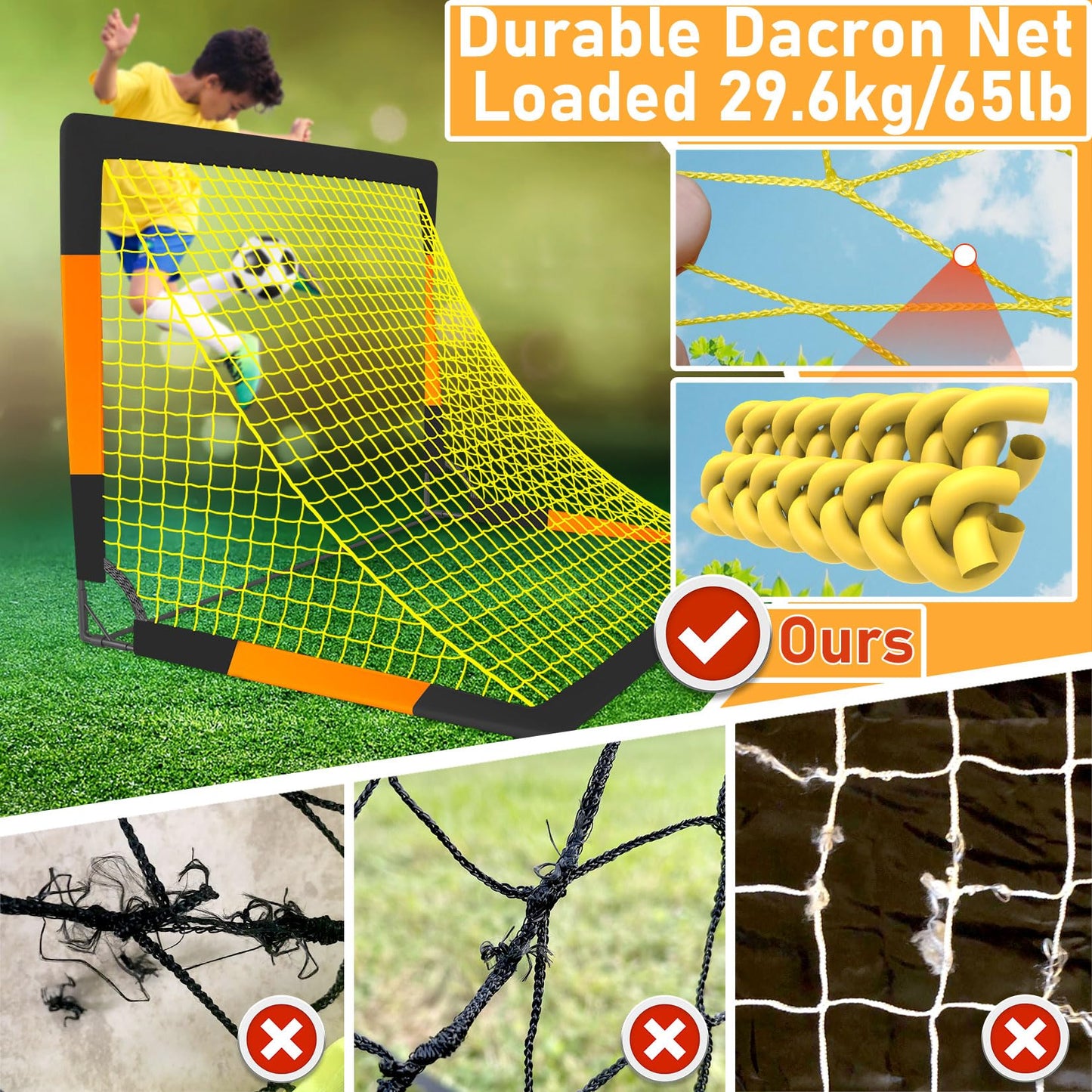 Happy Jump Soccer Goal 7'x5', 6.6‘x3.3', 5'x3.6', 4'x3', 3'x2.2' Soccer Net for Kids Backyard