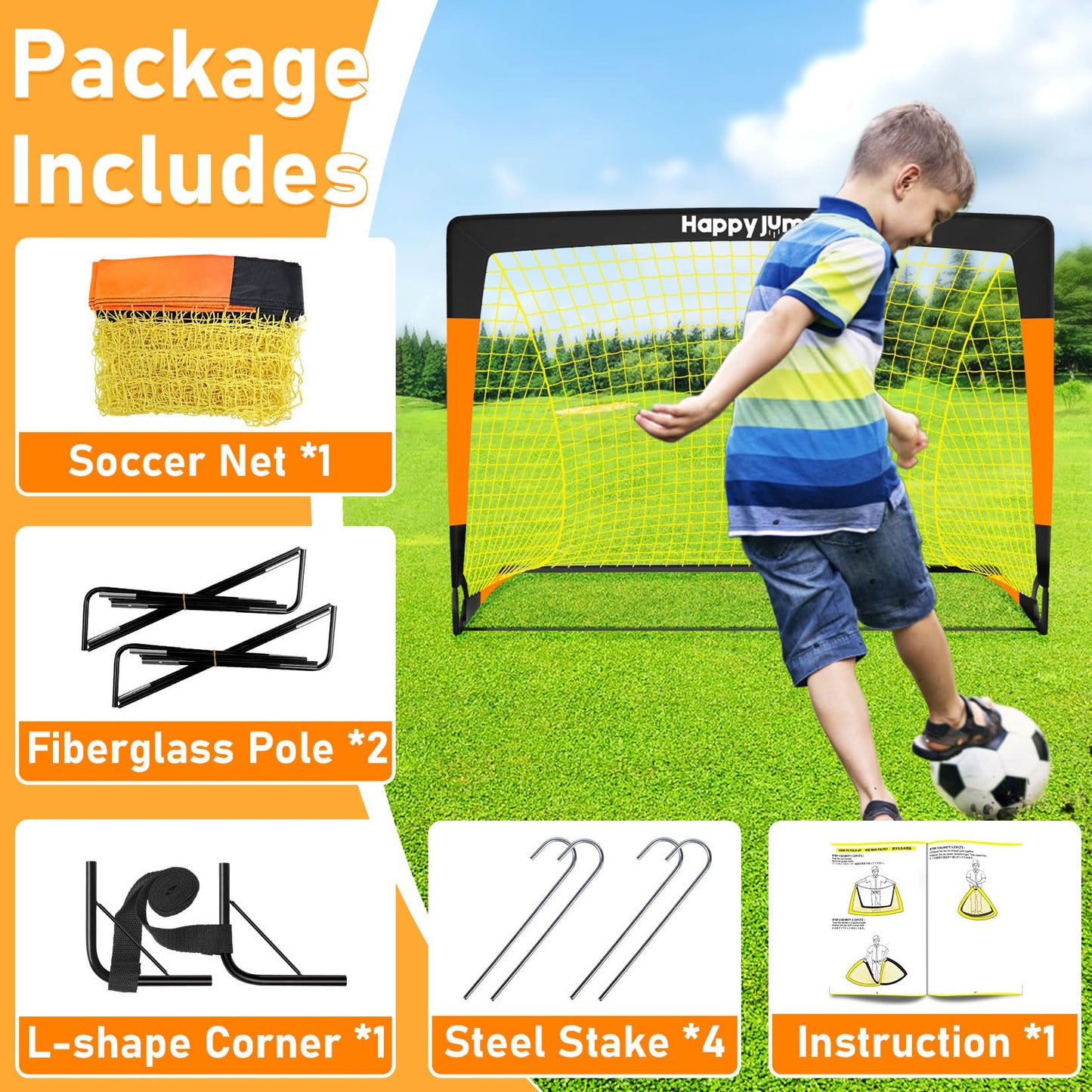 Happy Jump Soccer Goal 7'x5', 6.6‘x3.3', 5'x3.6', 4'x3', 3'x2.2' Soccer Net for Kids Backyard